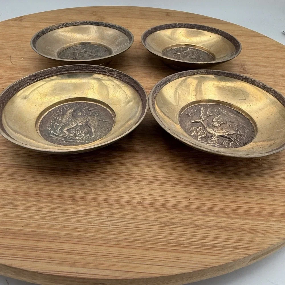 Vintage Korean Brass Dish Embossed  Small Trinket Bowl Set Of 4 Crane Deer